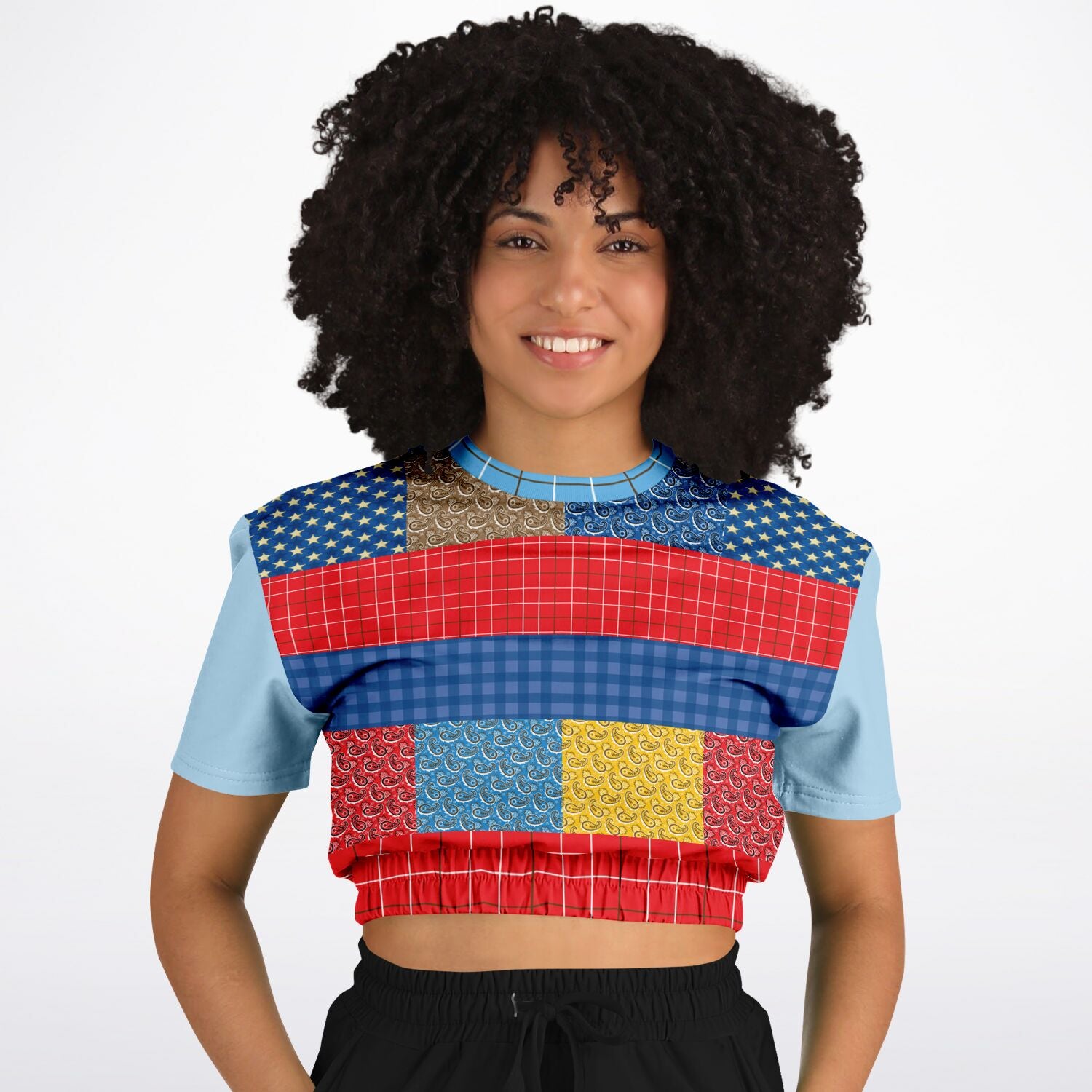 Western Edition Bandana Patchwork Eco-Poly Short Sleeve Cropped Pullover