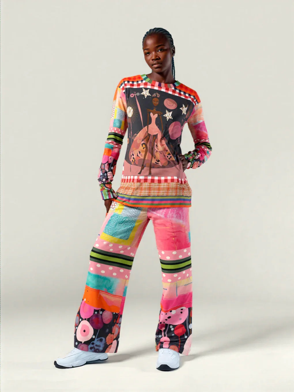 What About That Dancer Life in Patchwork Glory Eco-Poly Wide Leg Pants