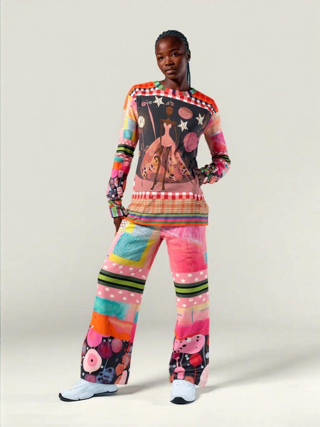 What About That Dancer Life in Patchwork Glory Eco-Poly Wide Leg Pants
