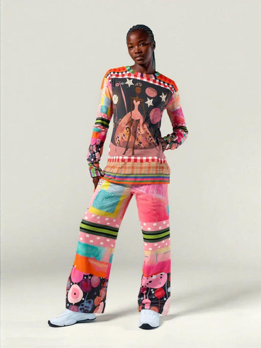 What About That Dancer Life in Patchwork Glory Eco-Poly Wide Leg Pants