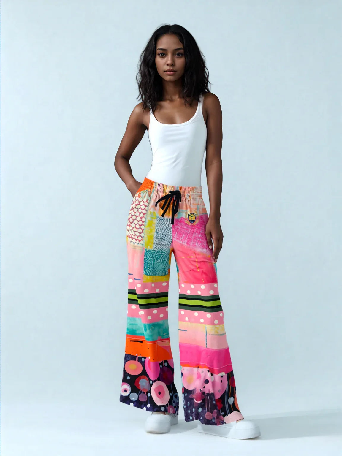 What About That Dancer Life in Patchwork Glory Eco-Poly Wide Leg Pants