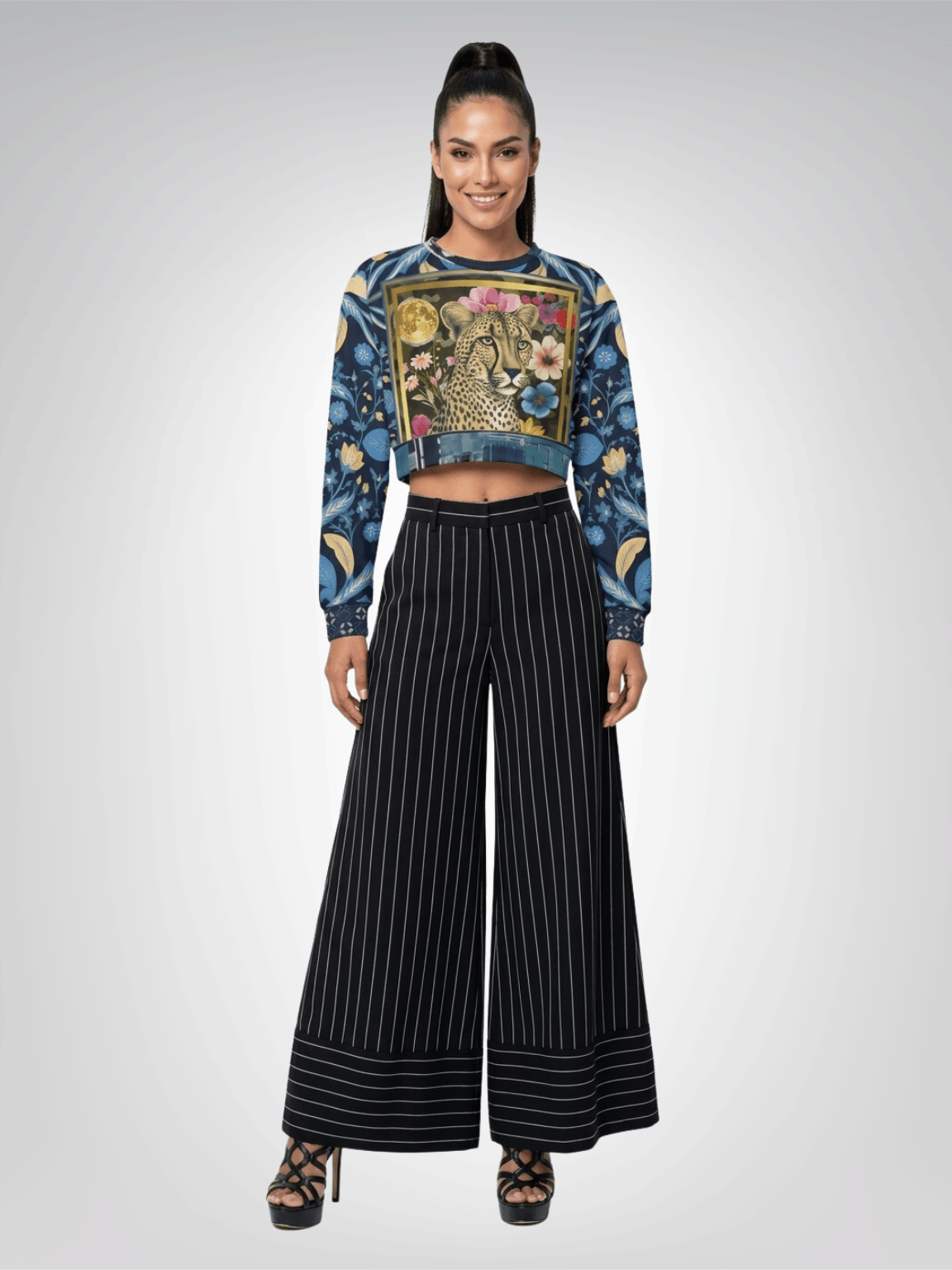 Wild Cheetah Moon in Exotic Floral Cropped Sweatshirt (Gold Label)
