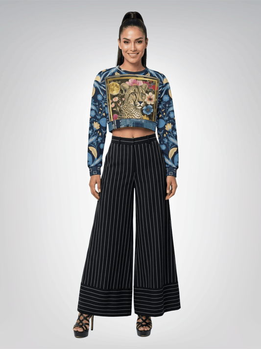 Wild Cheetah Moon in Exotic Floral Cropped Sweatshirt (Gold Label)