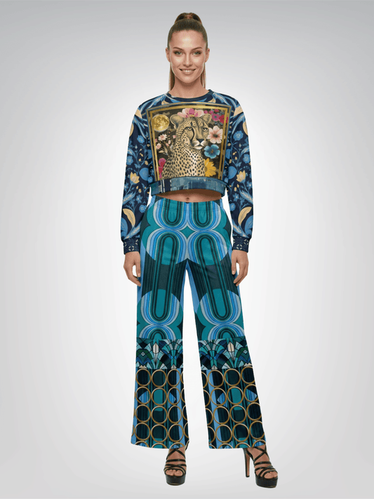 Wild Cheetah Moon in Exotic Floral Cropped Sweatshirt (Gold Label)