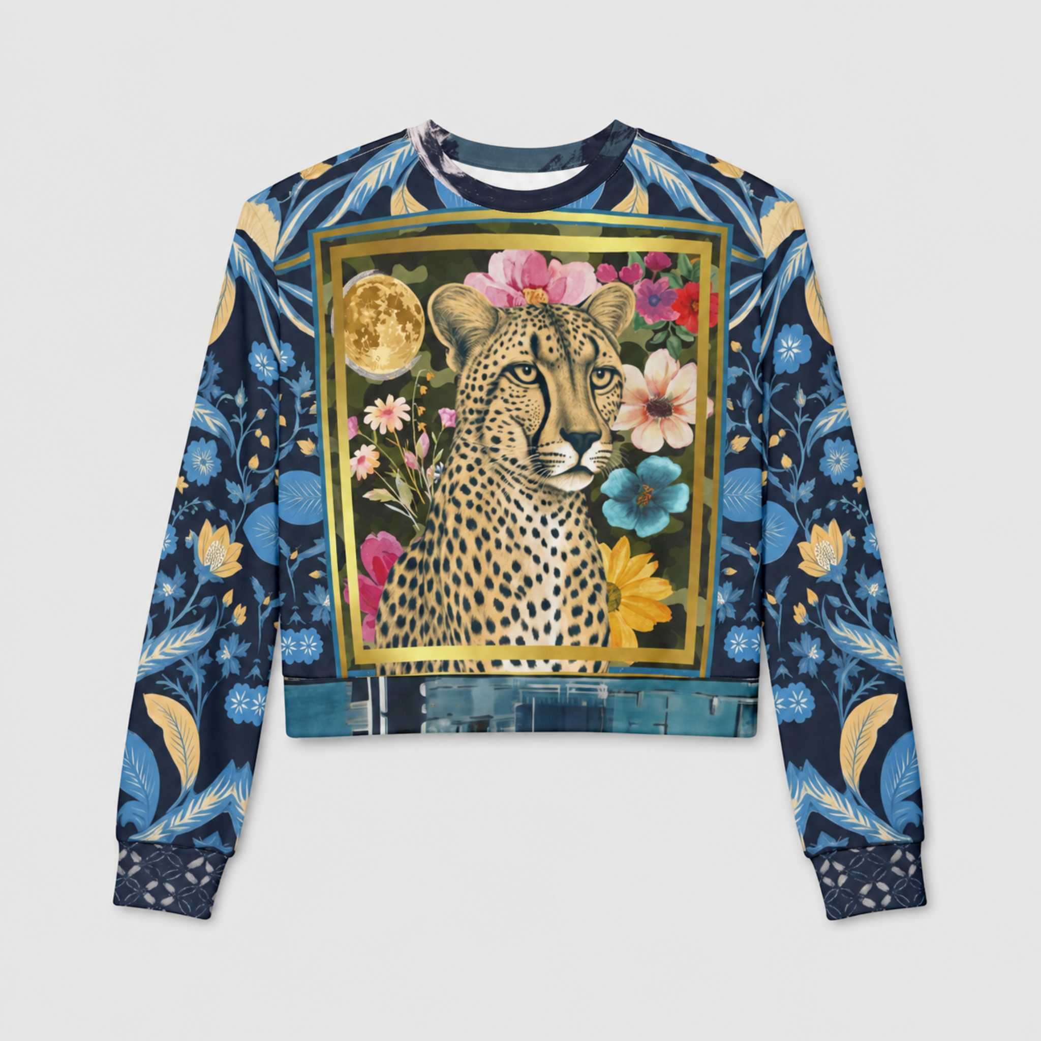 Wild Cheetah Moon in Exotic Floral Cropped Sweatshirt (Gold Label)