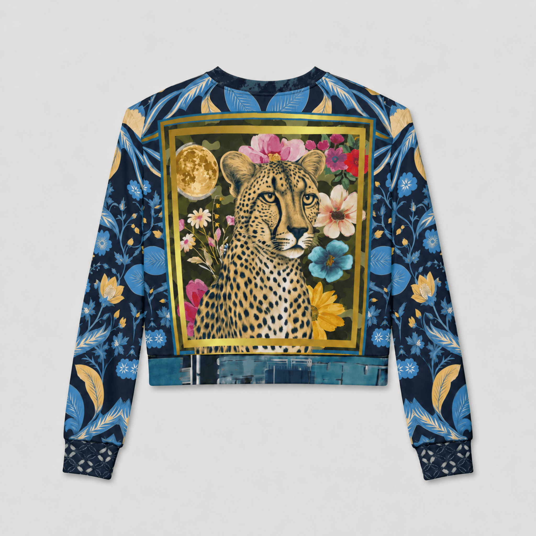 Wild Cheetah Moon in Exotic Floral Cropped Sweatshirt (Gold Label)