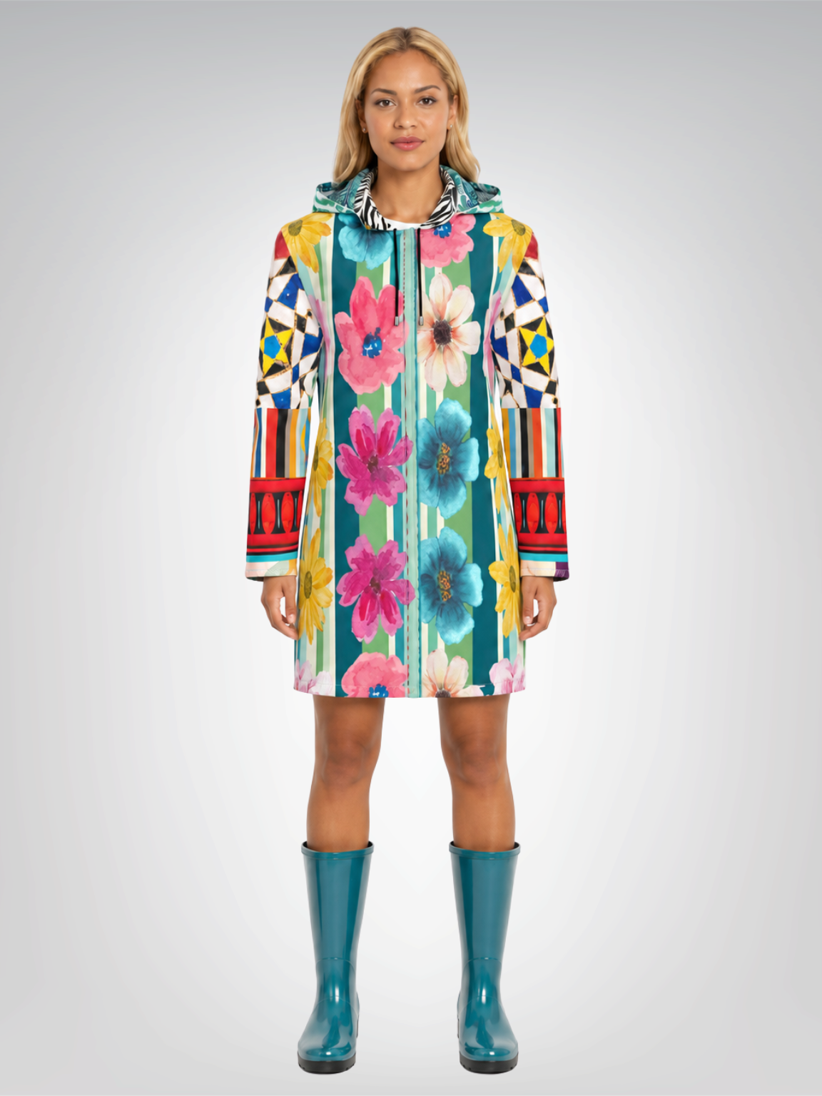 Wildflower Mosaic Remix Womens Hooded Rain Jacket