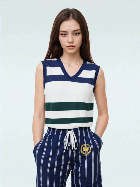 Wimbledon Blue and Green Knitted Cotton V-neck Sweater Vest