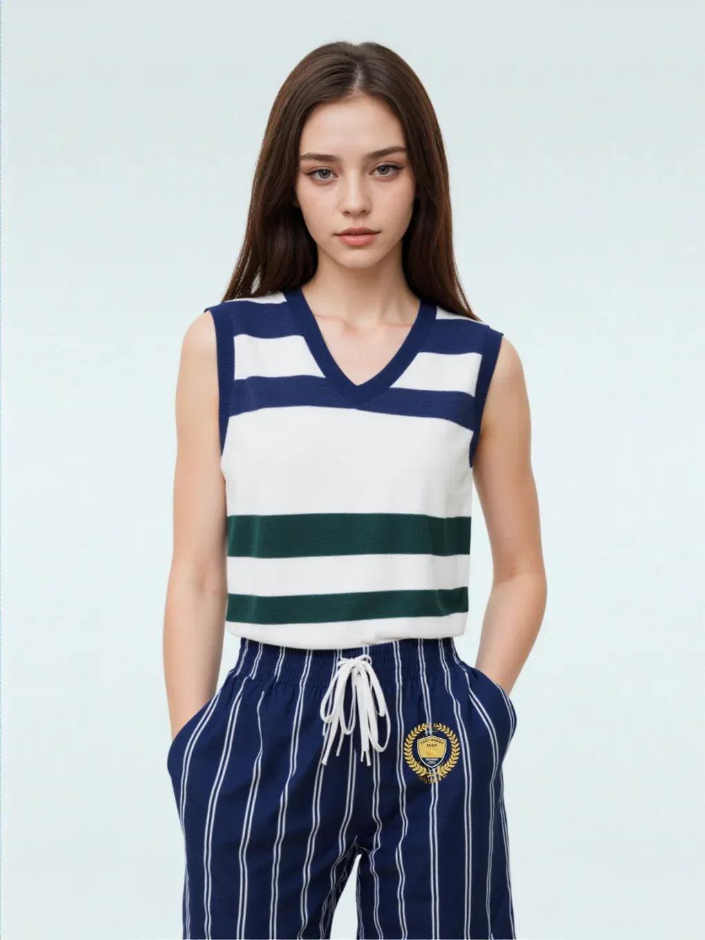 Wimbledon Blue and Green Knitted Cotton V-neck Sweater Vest
