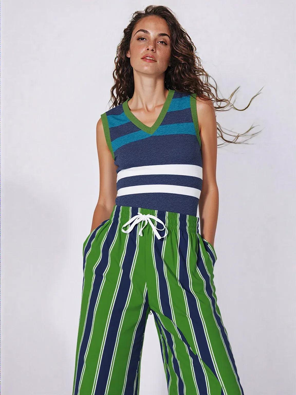 Wimbledon Regal Stripe in Green and Blue Eco-Poly Wide Leg Pants