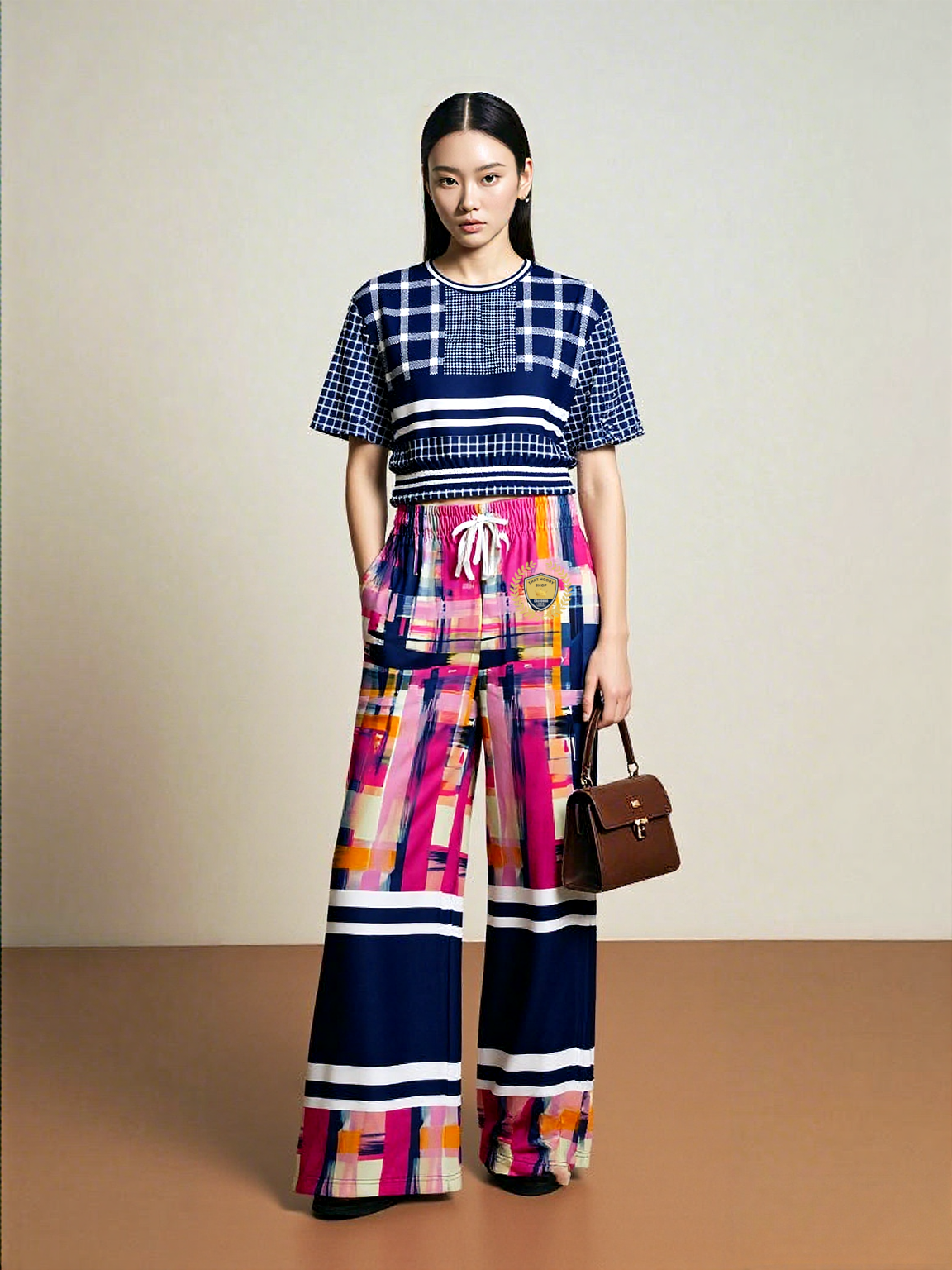 Wimbledon in Full Color Plaid Eco-Poly Wide Leg Pants