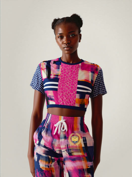 Wimbledon in Full Color Abstract Print Eco-Poly Short Sleeve Cropped Pullover