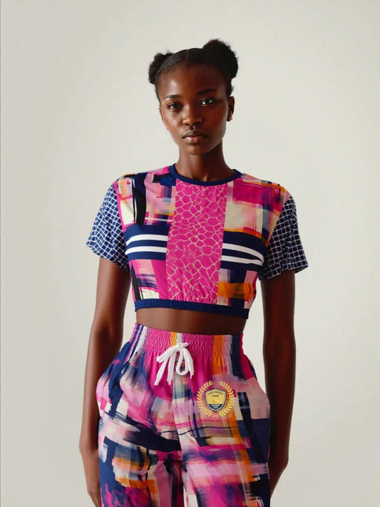 Wimbledon in Full Color Abstract Print Eco-Poly Short Sleeve Cropped Pullover