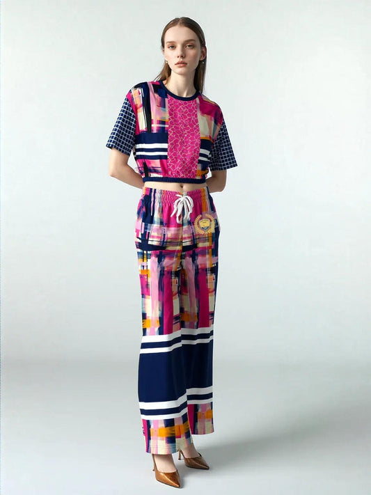 Wimbledon in Full Color Abstract Print Eco-Poly Short Sleeve Cropped Pullover