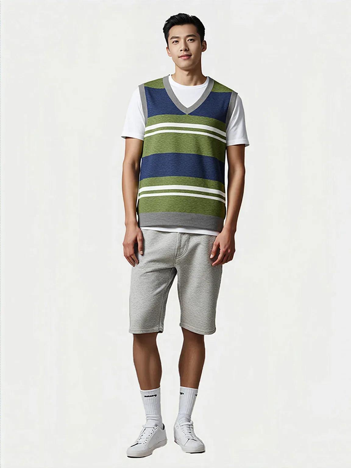 Wimbledon in Green Barbarian Acadia Stripe Knitted Cotton V-neck Sweater Vest