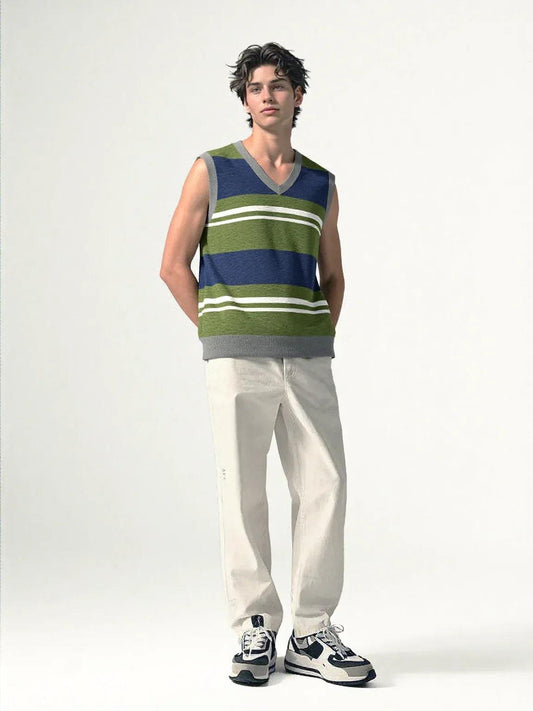 Wimbledon in Green Barbarian Acadia Stripe Knitted Cotton V-neck Sweater Vest