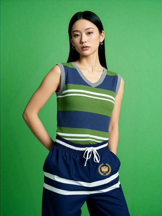 Wimbledon in Green Barbarian Acadia Stripe Knitted Cotton V-neck Sweater Vest