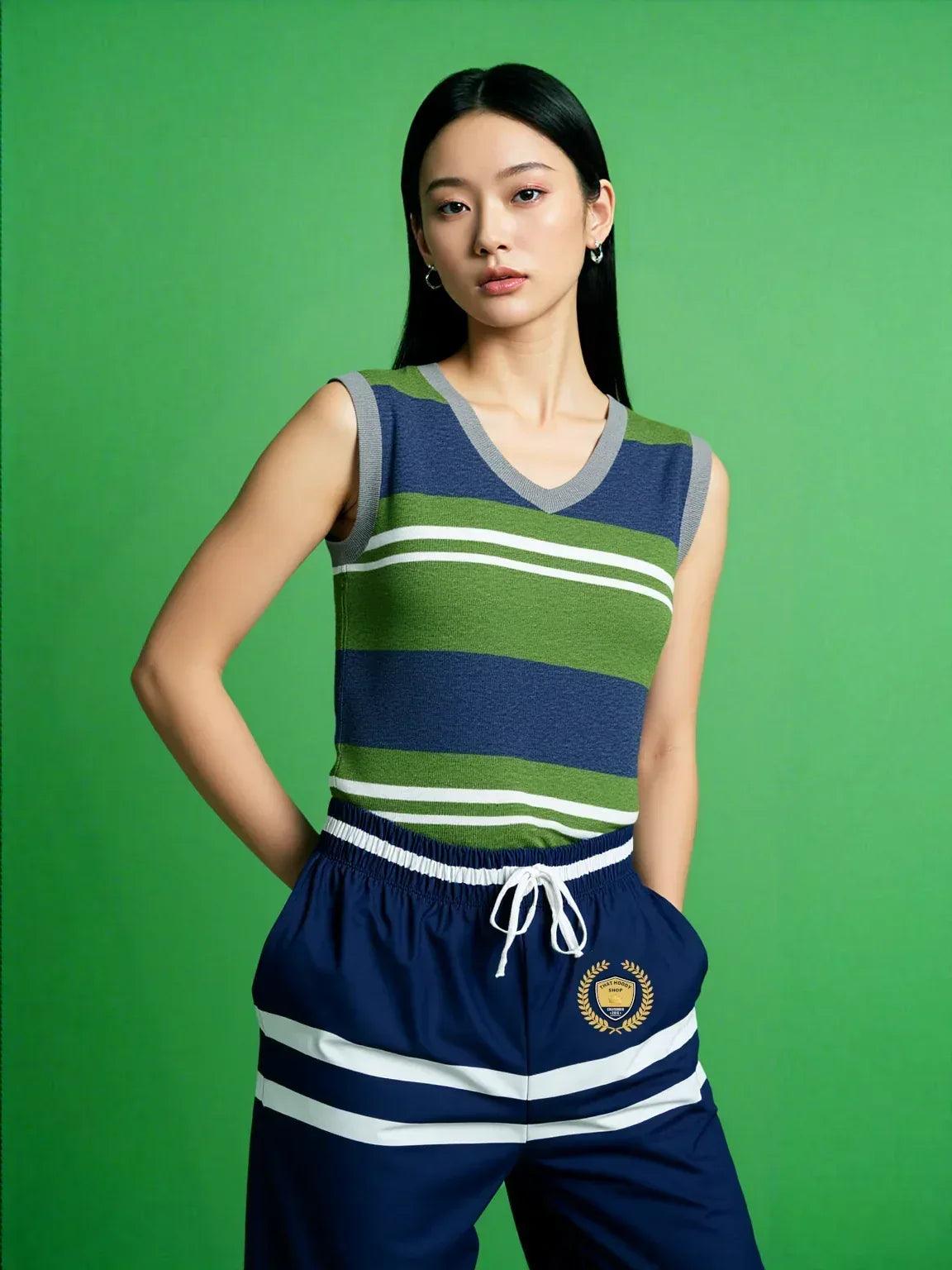 Wimbledon in Green Barbarian Acadia Stripe Knitted Cotton V-neck Sweater Vest