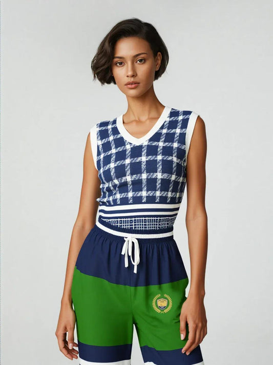 Wimbledon in Blue Plaid Knitted Cotton V-neck Sweater Vest