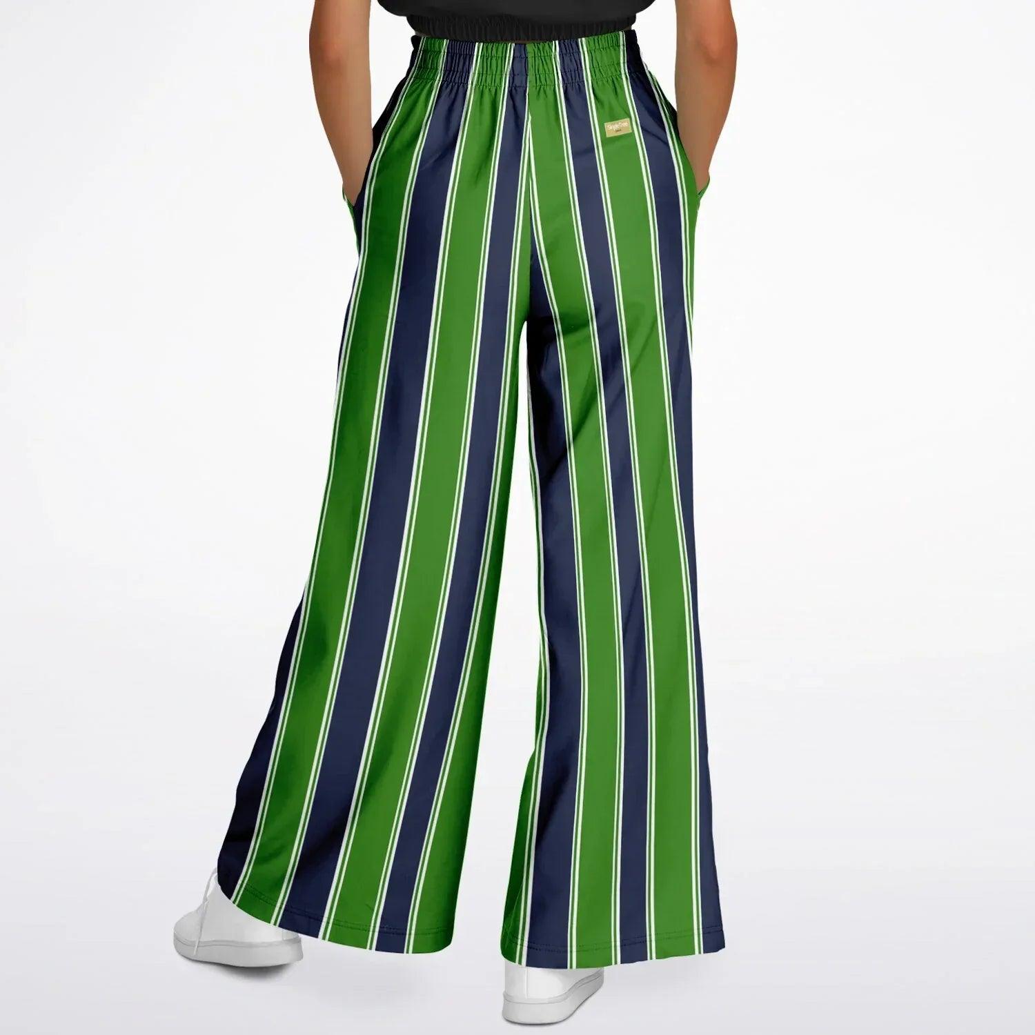 Wimbledon Regal Stripe in Green and Blue Eco-Poly Wide Leg Pants