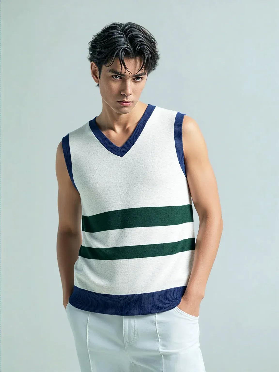 Wimbledon White and Green Knitted Cotton V-neck Sweater Vest