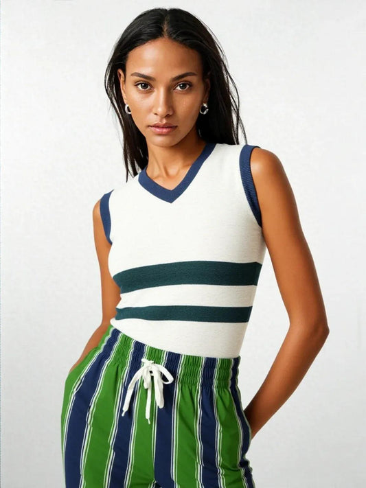 Wimbledon White and Green Knitted Cotton V-neck Sweater Vest
