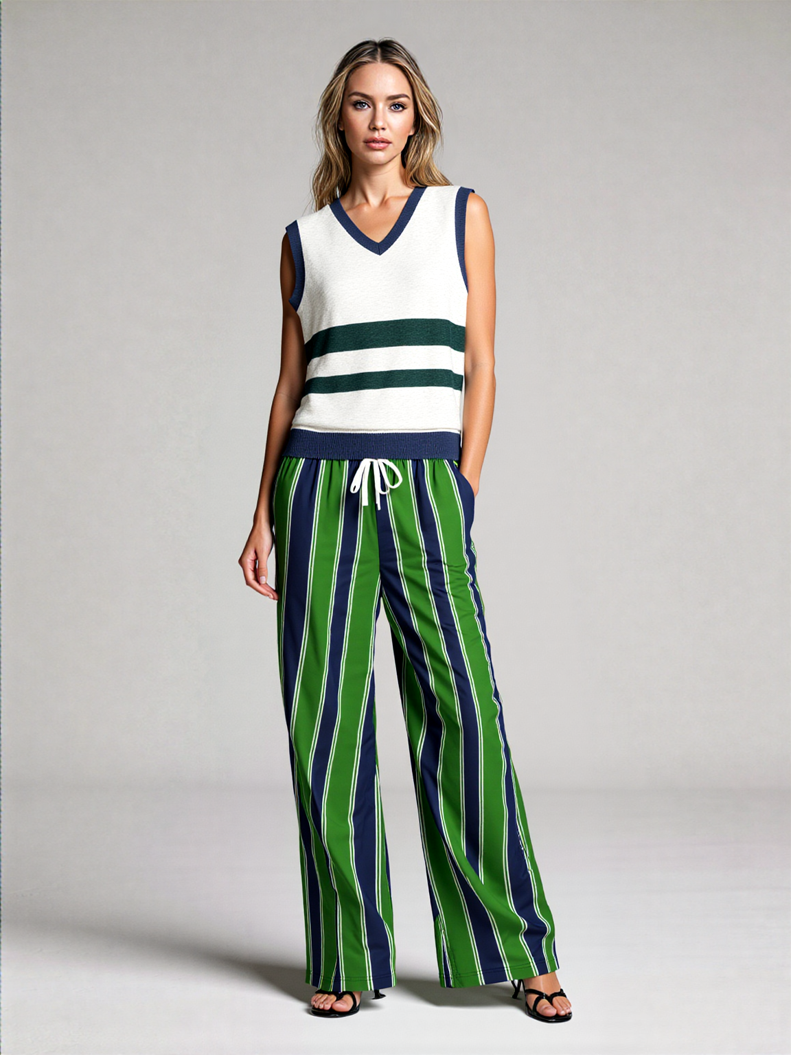 Wimbledon White and Green Knitted Cotton V-neck Sweater Vest