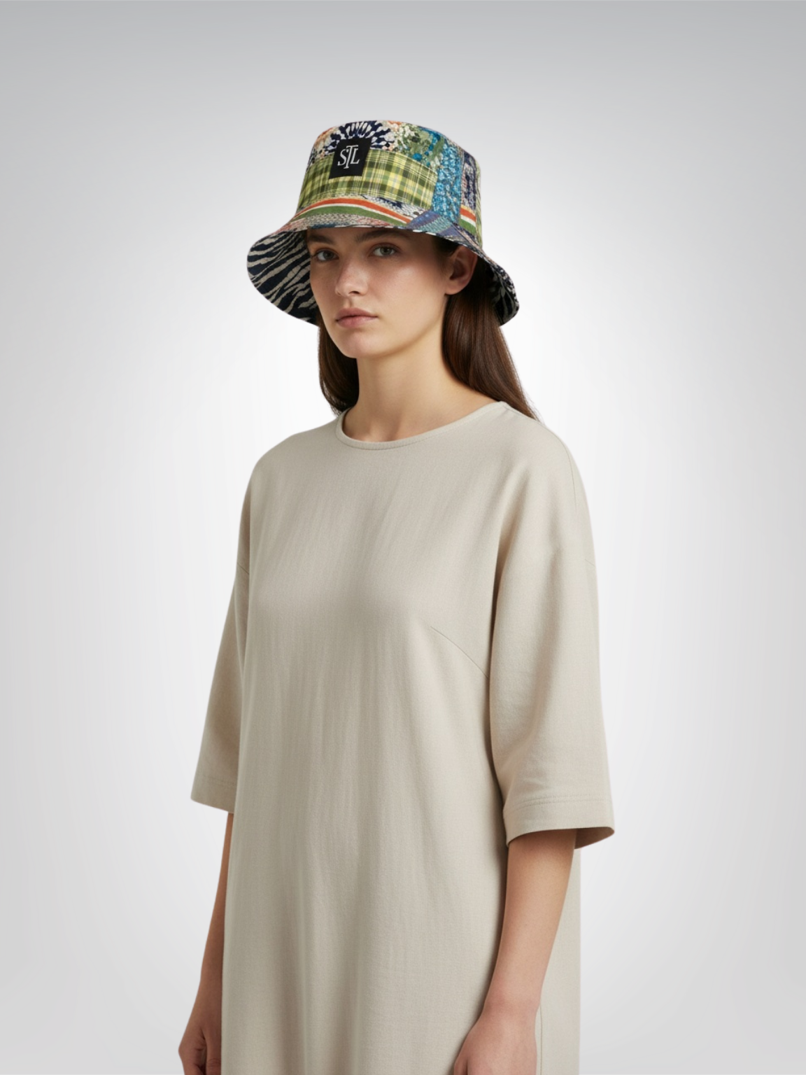 Wiosna Denim Floral Striped Patchwork Reversible Bucket Hat