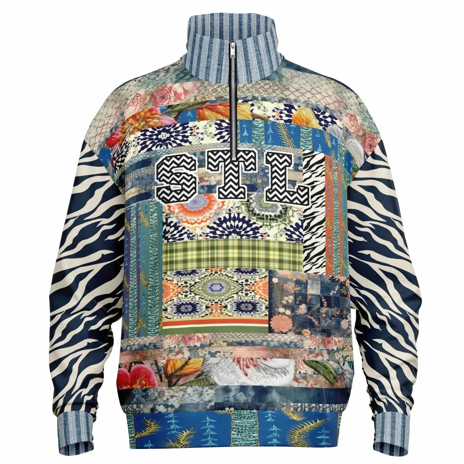 Wiosna - Janoszanka - Denim Floral Stripe and Zebra Patchwork Heavyweight Oversized Quarter Zip Sweatshirt