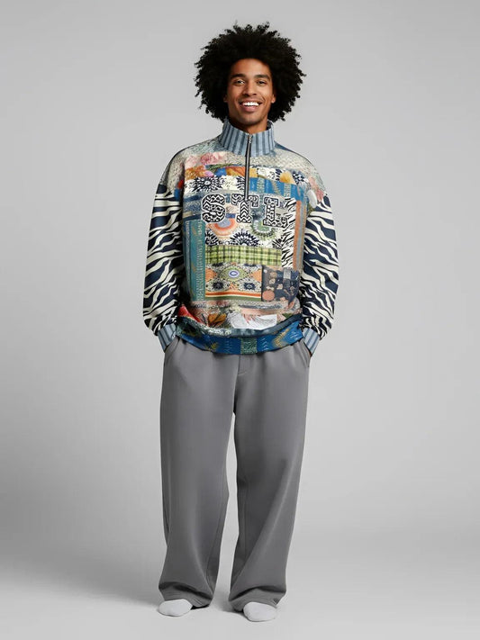 Wiosna - Janoszanka - Denim Floral Stripe and Zebra Patchwork Heavyweight Oversized Quarter Zip Sweatshirt