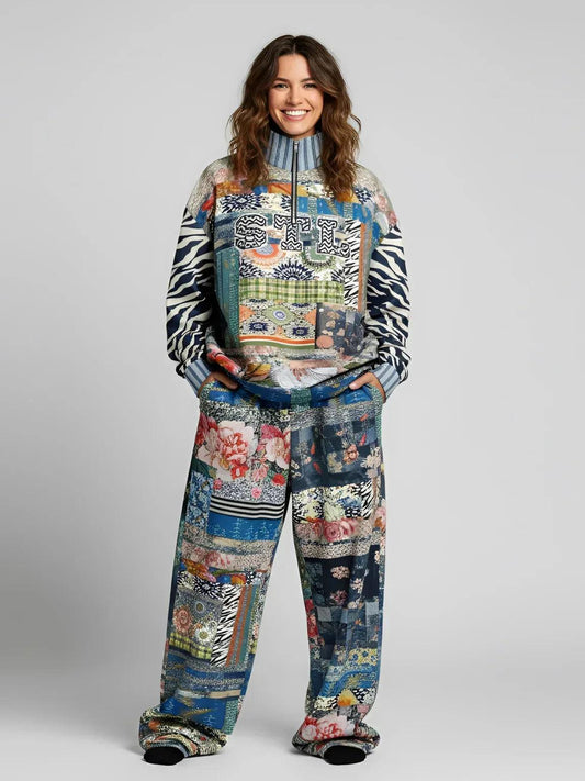 Wiosna - Janoszanka - Denim Floral Stripe and Zebra Patchwork Heavyweight Oversized Quarter Zip Sweatshirt