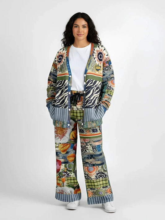 Wiosna - Janoszanka - Denim Floral Stripe and Zebra Patchwork Heavyweight Unisex Cardigan