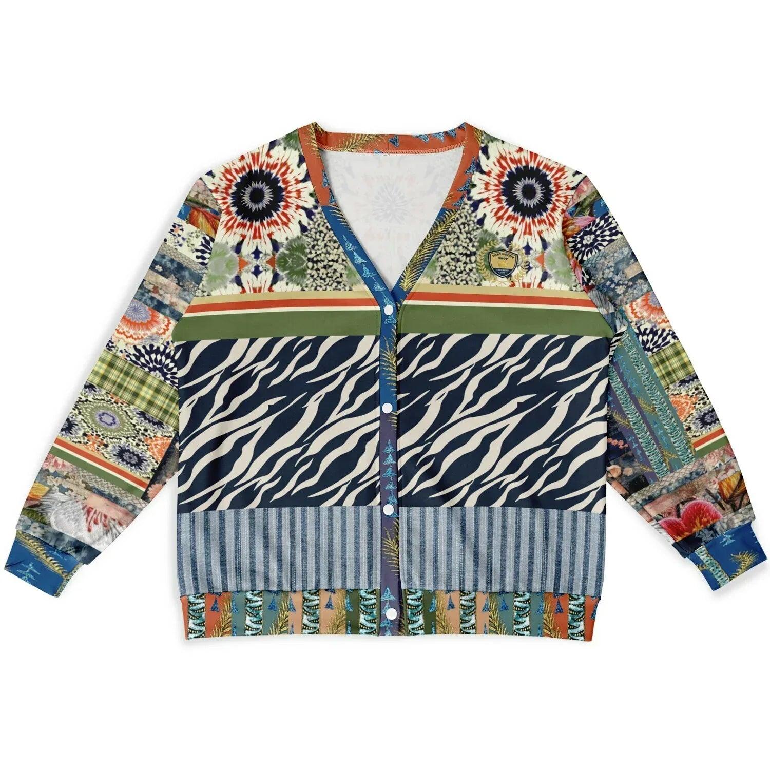 Wiosna - Janoszanka - Denim Floral Stripe and Zebra Patchwork Heavyweight Unisex Cardigan