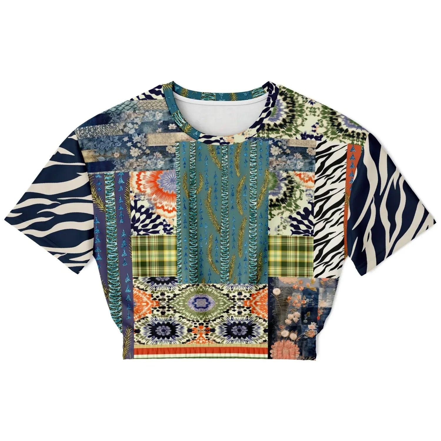 Wiosna - Janoszanka - Denim Floral Striped Patchwork Eco-Poly Short Sleeve Cropped Pullover
