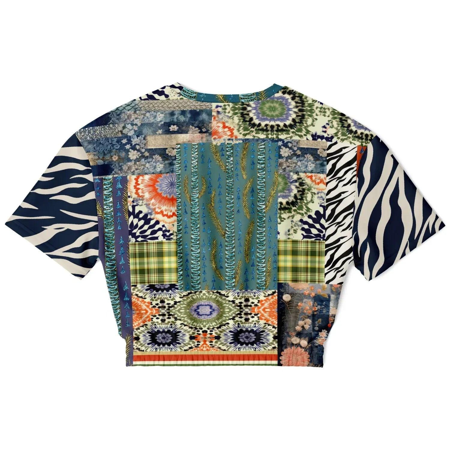 Wiosna - Janoszanka - Denim Floral Striped Patchwork Eco-Poly Short Sleeve Cropped Pullover