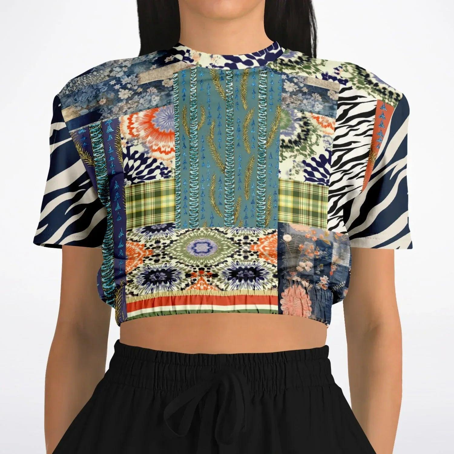 Wiosna - Janoszanka - Denim Floral Striped Patchwork Eco-Poly Short Sleeve Cropped Pullover