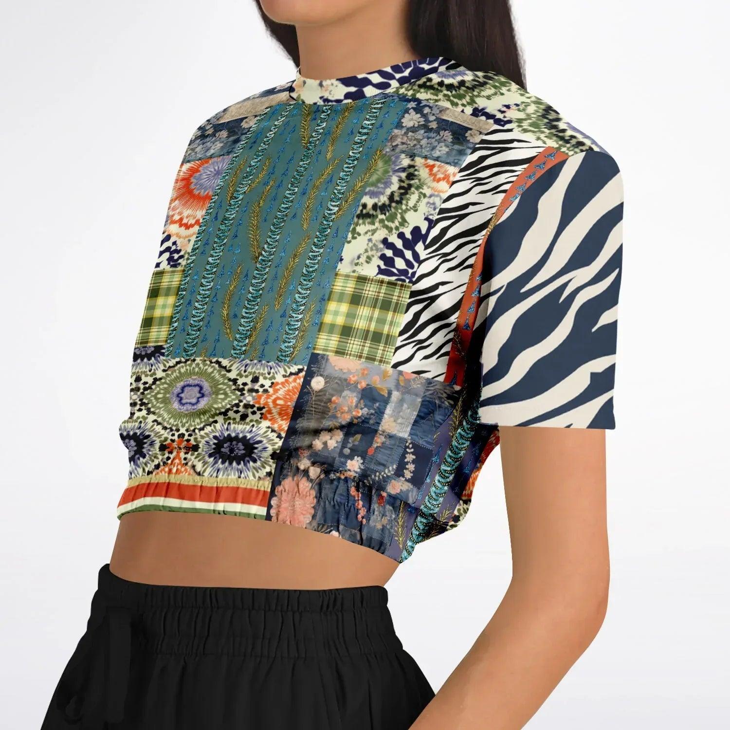 Wiosna - Janoszanka - Denim Floral Striped Patchwork Eco-Poly Short Sleeve Cropped Pullover