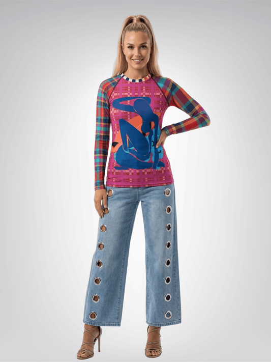Woman in Blue Form with Orange Surfboard Women's Rash Guard - Matisse