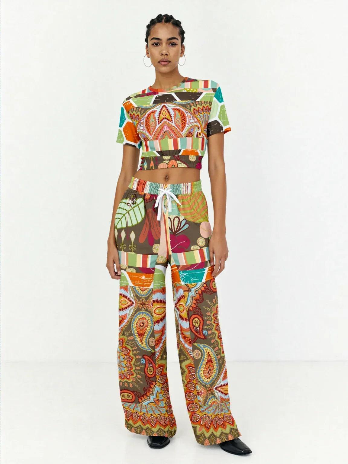 Wyatt Earth Retro 70s Paisley Print Wide Leg Pants