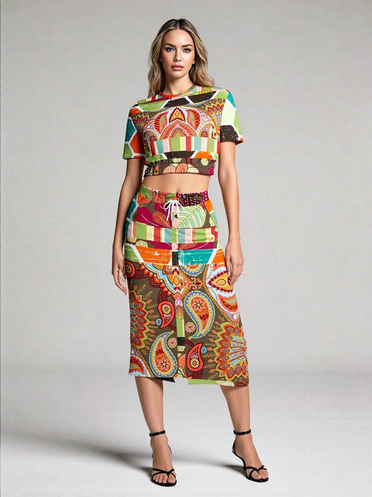 Wyatt Earth Retro 70s Paisley Print Eco-Poly Long Pocket Skirt