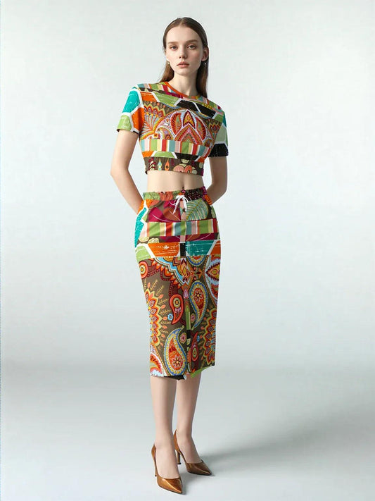 Wyatt Earth Retro 70s Paisley Print Eco-Poly Long Pocket Skirt