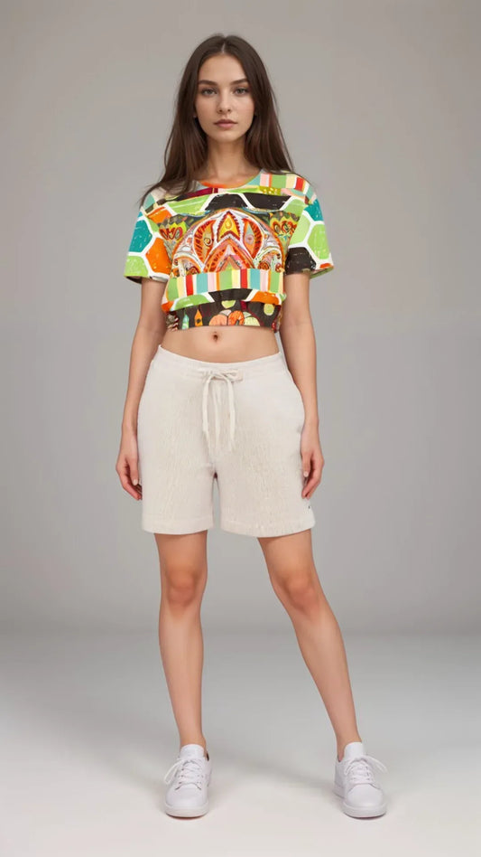 Wyatt Earth Retro 70s Paisley Print Eco-Poly Short Sleeve Cropped Pullover