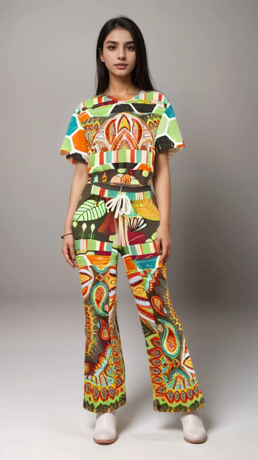 Wyatt Earth Retro 70s Paisley Print Eco-Poly Short Sleeve Cropped Pullover