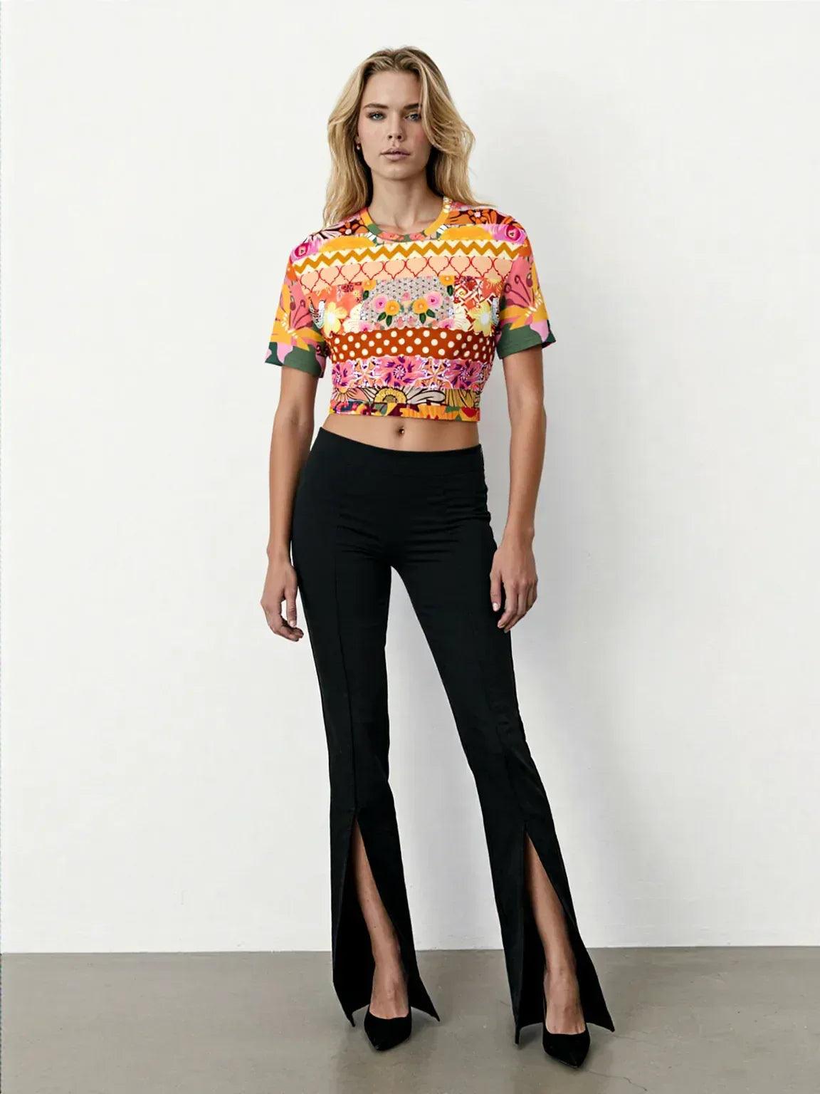 Yogananda Striped Floral Patchwork Eco-Poly Short Sleeve Cropped Pullover