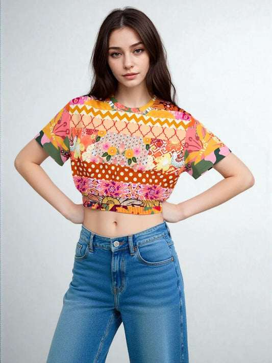 Yogananda Striped Floral Patchwork Eco-Poly Short Sleeve Cropped Pullover