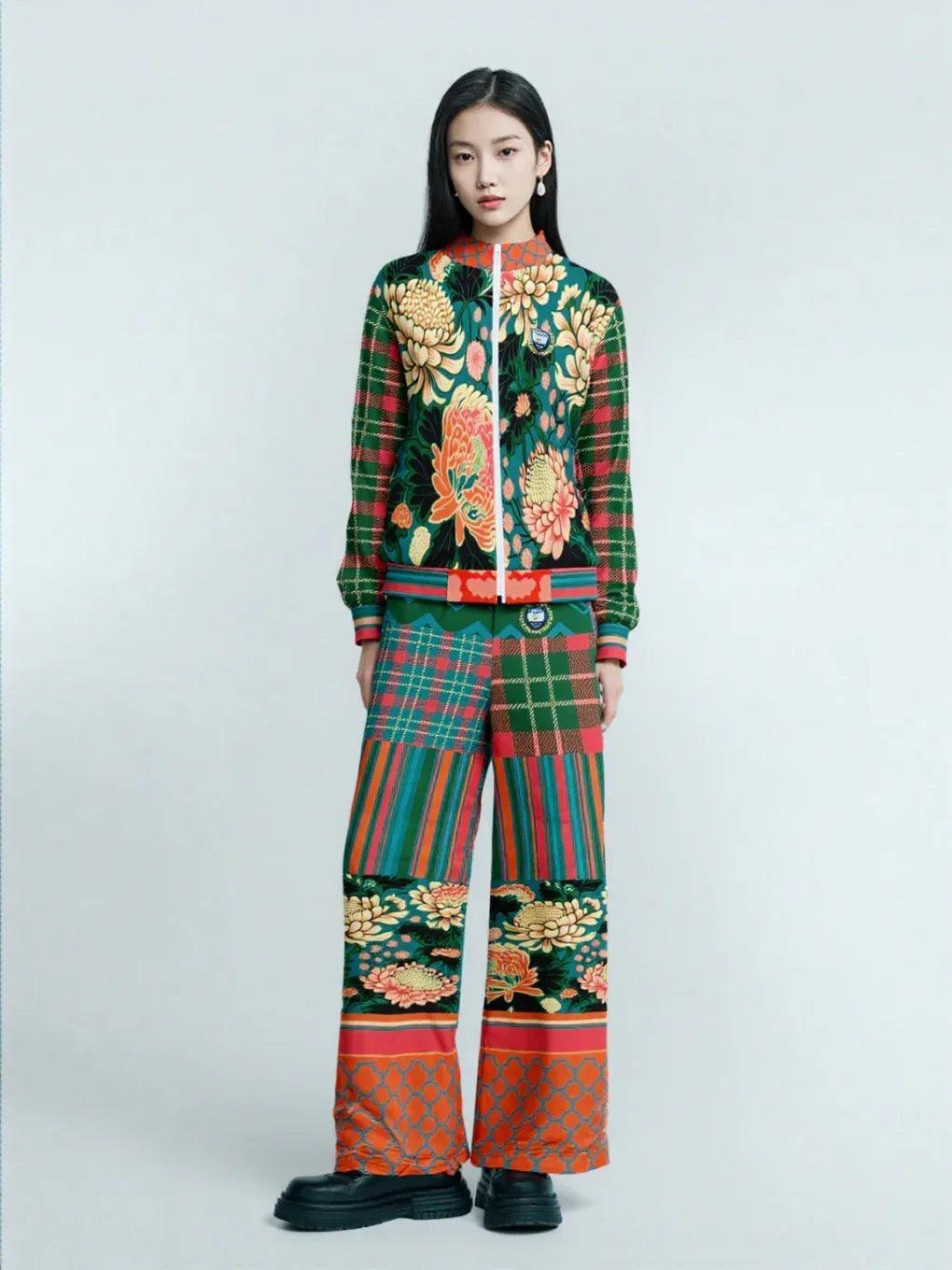 Zen Blossom Chrysanthemum Plaid Stripe Eco-Poly Wide Leg Pants