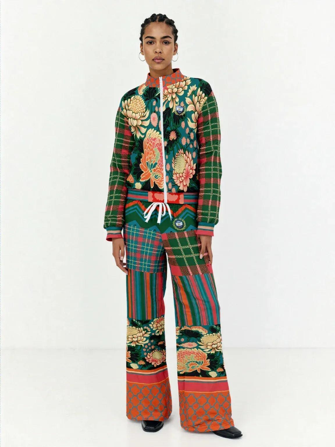 Zen Blossom Chrysanthemum in Green Asian Floral Plaid Unisex Eco-Poly Track Jacket