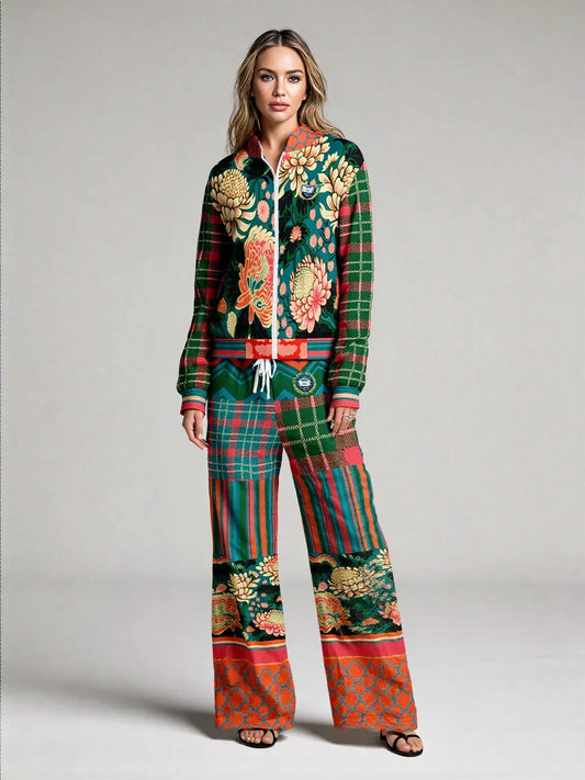 Zen Blossom Chrysanthemum Plaid Stripe Eco-Poly Wide Leg Pants