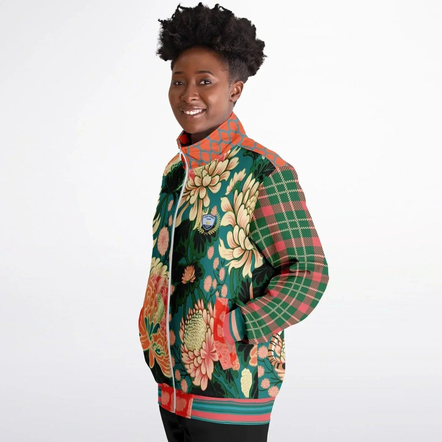 Zen Blossom Chrysanthemum in Green Asian Floral Plaid Unisex Eco-Poly Track Jacket