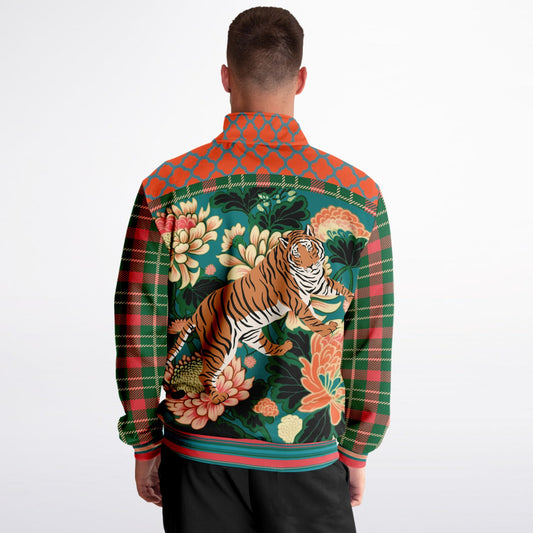 Zen Blossom Chrysanthemum in Green Asian Floral Plaid Unisex Eco-Poly Track Jacket